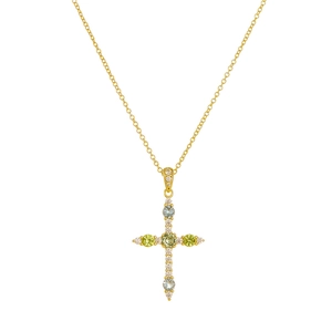 S925 sterling silver gold cross necklace with olive green and blue zircon gemstones