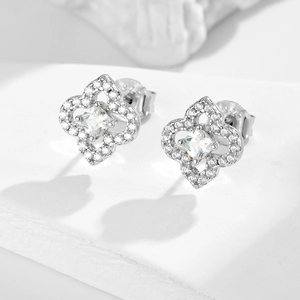 S925 sterling silver four-leaf clover stud earrings with sparkling cubic zirconia accents