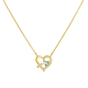 Collier pendentif coeur en argent S925 doré avec pierre bleue et croix en zircon