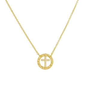Collana in argento 925 dorato con ciondolo tondo martellato e croce con zirconi chiari