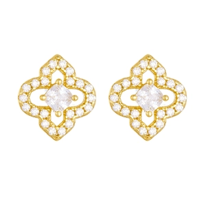 Elegant s925 silver 18K gold four leaf clover earrings with CZ diamonds on white background