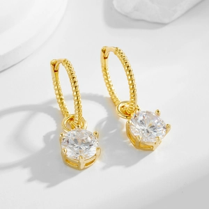 925 Sterling Silver Gold Plated Round Hoop Dangle Earrings For Women Sparkling Rhinestone Twisted Rope Texture Fashion Jewelry
