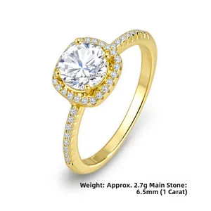 Macro detail of a 1-carat princess cut zircon ring with golden halo setting and side stones