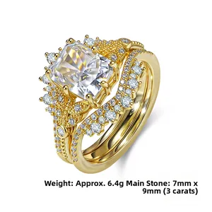 Detail of s925 silver wedding ring set with 3 carat radiant cut zircon and pavé diamonds