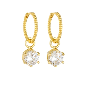 S925 sterling silver gold twist hoop earrings with round zircon stones in four-prong setting