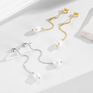 S925 sterling silver pearl tassel drop earrings in gold and silver finish styles