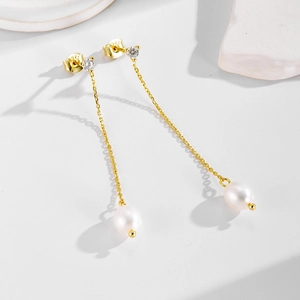 925 Sterling Silver Freshwater Pearl Long Tassel Drop Earrings For Women Elegant Rhinestone Inlaid Dangle Jewelry Accessory