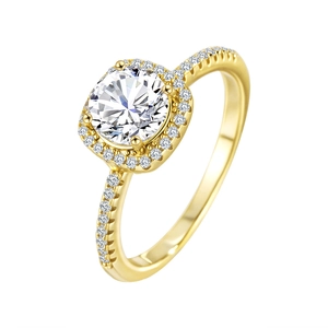 Detail of classic gold halo ring with round sparkling zircon and micro-pave band setting