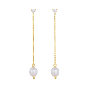 S925 silver long tassel earrings with natural freshwater pearls and cubic zirconia stones