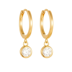 Close-up of gold drop earrings featuring a single round zircon in bezel setting
