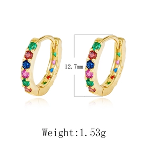 Detail view of gold hoop earring with colorful zircon stones and 925 silver hallmark