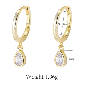 Detail showing S925 sterling silver hoop earrings with teardrop zircon and dimensions