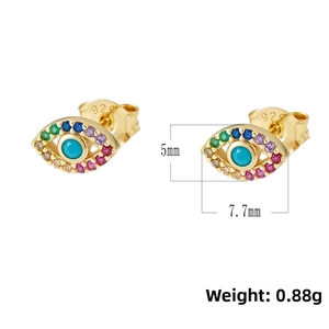 Macro view of 925 silver evil eye studs with zircon and 7.7mm x 5mm dimensions