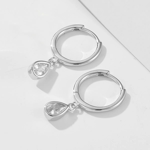 S925 sterling silver C-shaped hoop earrings with pear-cut cubic zirconia droplets