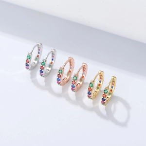 Three pairs of S925 sterling silver huggie earrings with multi-color cubic zirconia
