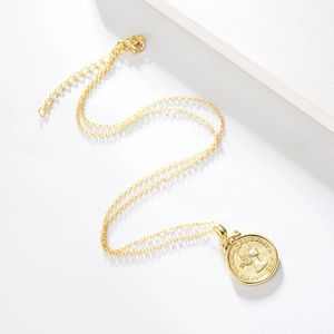 Detail of S925 silver Elizabeth coin relief pendant with delicate gold link chain