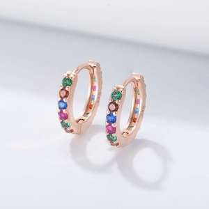 Detailed close-up of S925 sterling silver rose gold earrings with colorful zircon stones