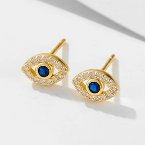925 Sterling Silver Evil Eye Stud Earrings with Blue Zirconia and Gold Plating