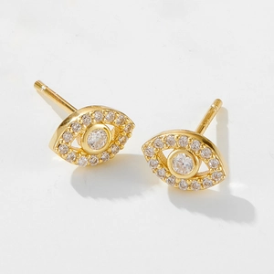 925 silver evil eye stud earrings with gold plating and white cubic zirconia accents