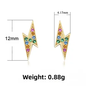 Detail showing 12mm lightning stud earrings with colorful micro-inlaid cubic zirconia