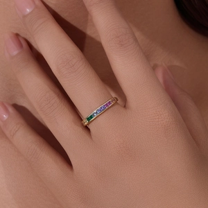 Elegance 925 sterling silver gold ring with channel-set square rainbow cubic zirconia stones