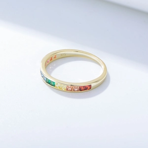 Macro shot of S925 sterling silver ring with rainbow zircon stones and 925 hallmark