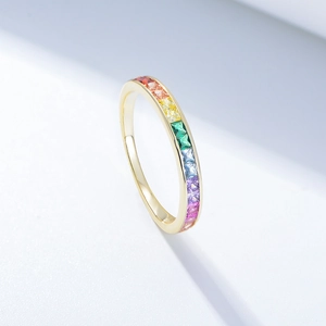 S925 sterling silver gold ring with square cut rainbow cubic zirconia inlay