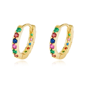 S925 sterling silver gold huggie earrings featuring vibrant rainbow cubic zirconia stones