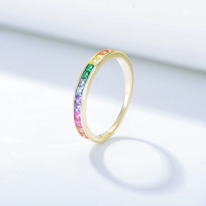 S925 Sterling Silver Rainbow Zirconia Ring For Women Square Cut Micro Inlaid Gold Silver Plated Fashion Jewelry Eternity Band Finger Ring