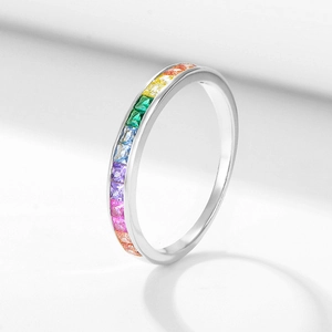 Elegant S925 sterling silver ring with square-cut rainbow cubic zirconia inlay