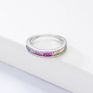 S925 sterling silver ring featuring a rainbow gradient of rectangular cubic zirconia stones