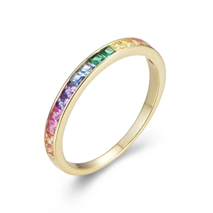 S925 Sterling Silver Gold Plated Rainbow Zircon Square Cut Eternity Ring for Women