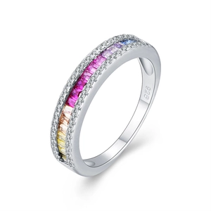 S925 sterling silver ring featuring a gradient rainbow zircon center and side accents