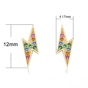 S925 silver lightning stud earrings with rainbow zircons in 12mm x 4.17mm gold finish