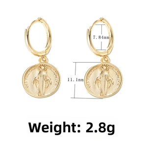 Detailed size specifications of the gold Virgin Mary coin earrings with S925 silver base