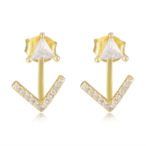 Detail of s925 silver geometric V-shape stud earrings with zircons and gold finish