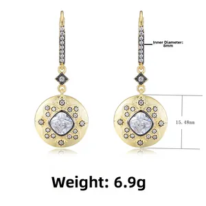 Detailed size view of vintage gold drop earrings with dimensions and weight specs