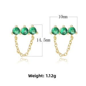 Detail of s925 silver gold tassel earrings with green zircons and dimension markings