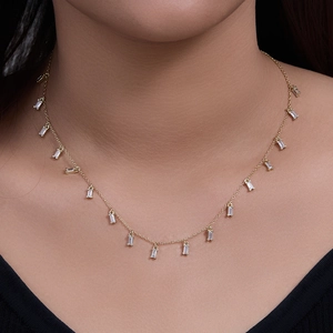 S925 sterling silver gold necklace featuring dangling square zircon fringe pendants