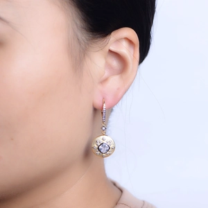 Vintage palace style s925 silver earrings with square zircon and matte 14K gold plating