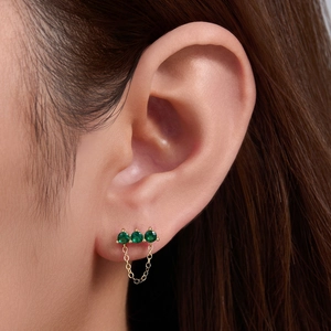 S925 sterling silver gold plated emerald zircon stud earrings with long chain tassel