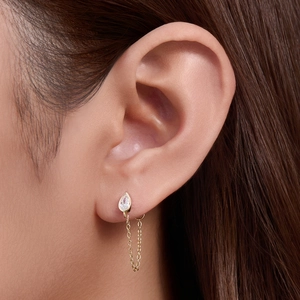 S925 silver teardrop zircon earrings with elegant gold chain worn by a model