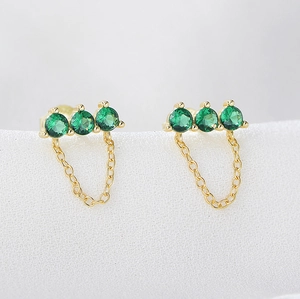 Elegant Green Zirconia Stud Earrings Gold Plated S925 Sterling Silver With Fringe Chain Minimalist Jewelry For Women Party