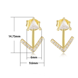 S925 silver geometric triangle ear studs with gold plating and zircon stones