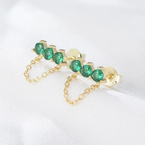 S925 sterling silver gold earrings with emerald green zircon and chain tassels