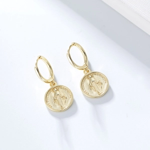 S925 sterling silver gold hoop earrings with Virgin Mary religious coin pendants