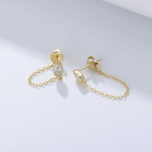 S925 sterling silver drop zircon earrings with gold chain link and punk style design