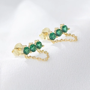 S925 sterling silver gold earrings with green zircon stones and delicate chain fringe