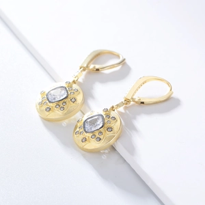 Vintage court style gold earrings with square zircon and matte 14K gold floral design