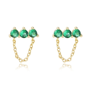 Elegant s925 silver earrings with green zircons and gold chain tassels on white background